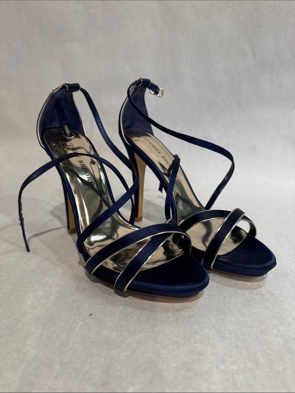 Audrey Brooke Navy Strappy High Heel Sandals with Metallic Footbed